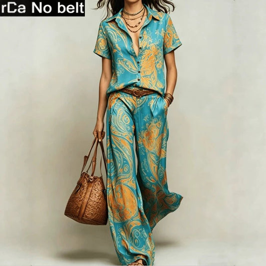 Bohemian-style Ombre Lapel Blouse And High-waisted Wide-leg Pants Set - RALO COLLECTION STUDIO