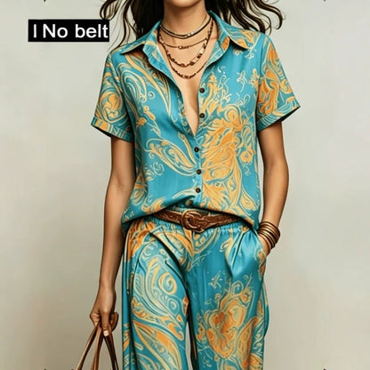 Bohemian-style Ombre Lapel Blouse And High-waisted Wide-leg Pants Set - RALO COLLECTION STUDIO