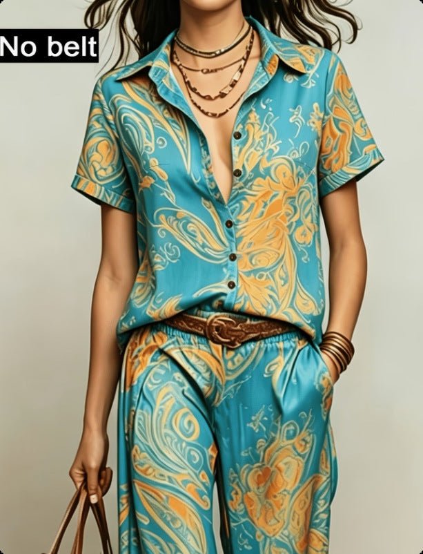 Bohemian-style Ombre Lapel Blouse And High-waisted Wide-leg Pants Set - RALO COLLECTION STUDIO