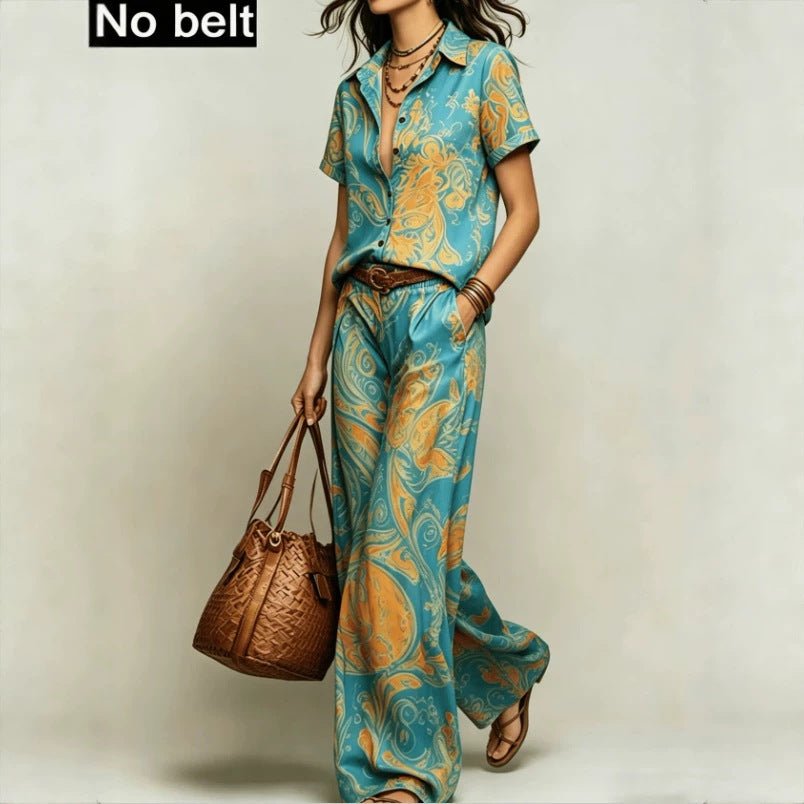 Bohemian-style Ombre Lapel Blouse And High-waisted Wide-leg Pants Set - RALO COLLECTION STUDIO