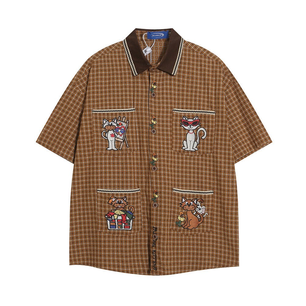 Cartoon Cat Embroidered Short-sleeved Shirt For Men - RALO COLLECTION STUDIO