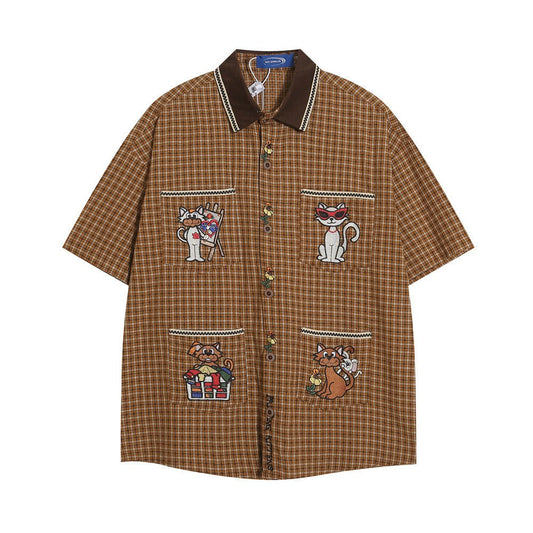 Cartoon Cat Embroidered Short-sleeved Shirt For Men - RALO COLLECTION STUDIO