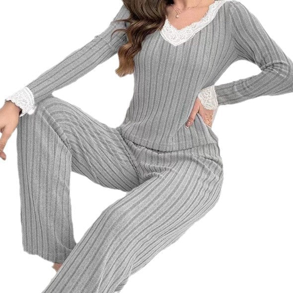 Casual And Chic V-neck Lace Ribbed Pajama Two-piece Set - RALO COLLECTION STUDIO