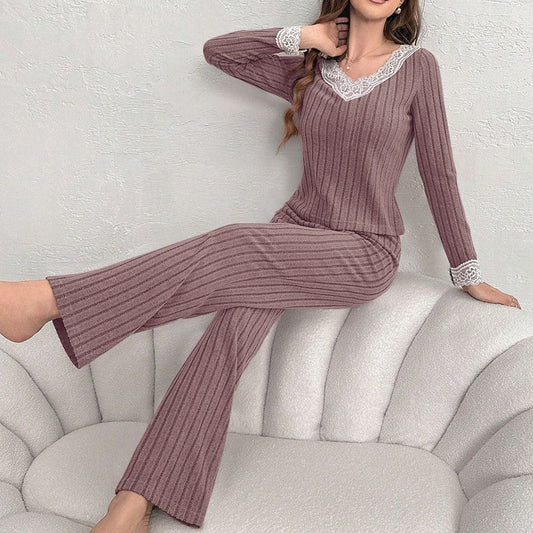 Casual And Chic V-neck Lace Ribbed Pajama Two-piece Set - RALO COLLECTION STUDIO