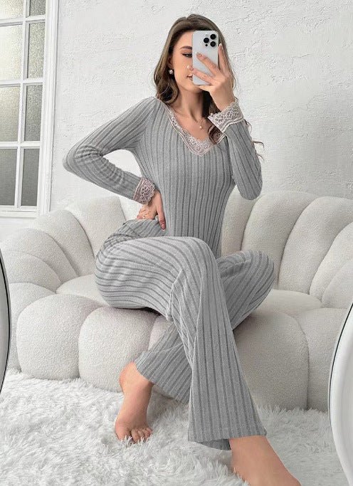 Casual And Chic V-neck Lace Ribbed Pajama Two-piece Set - RALO COLLECTION STUDIO