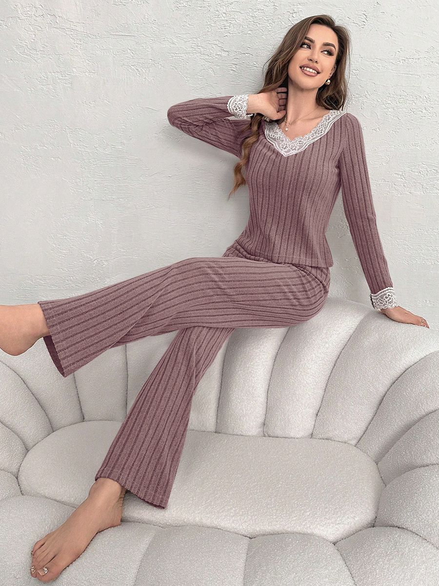 Casual And Chic V-neck Lace Ribbed Pajama Two-piece Set - RALO COLLECTION STUDIO