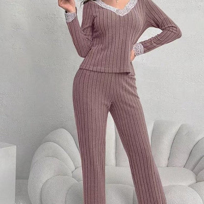 Casual And Chic V-neck Lace Ribbed Pajama Two-piece Set - RALO COLLECTION STUDIO