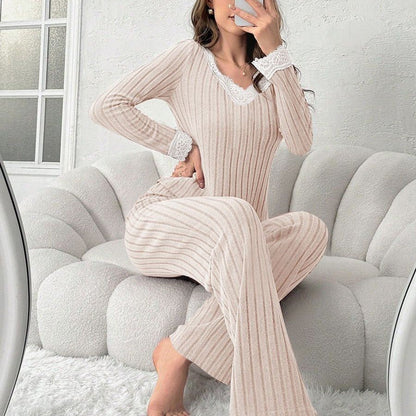 Casual And Chic V-neck Lace Ribbed Pajama Two-piece Set - RALO COLLECTION STUDIO