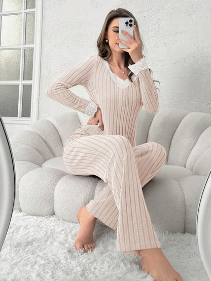 Casual And Chic V-neck Lace Ribbed Pajama Two-piece Set - RALO COLLECTION STUDIO