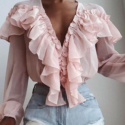 Chiffon Ruffled Long Sleeve Shirt - RALO COLLECTION STUDIO