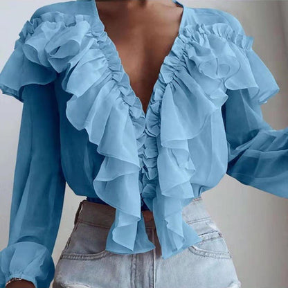 Chiffon Ruffled Long Sleeve Shirt - RALO COLLECTION STUDIO