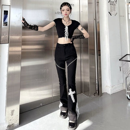 Dark Cross Lace Rivet Decoration Stitching Flared Pants Super Thin And High Waist - RALO COLLECTION STUDIO