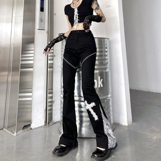 Dark Cross Lace Rivet Decoration Stitching Flared Pants Super Thin And High Waist - RALO COLLECTION STUDIO