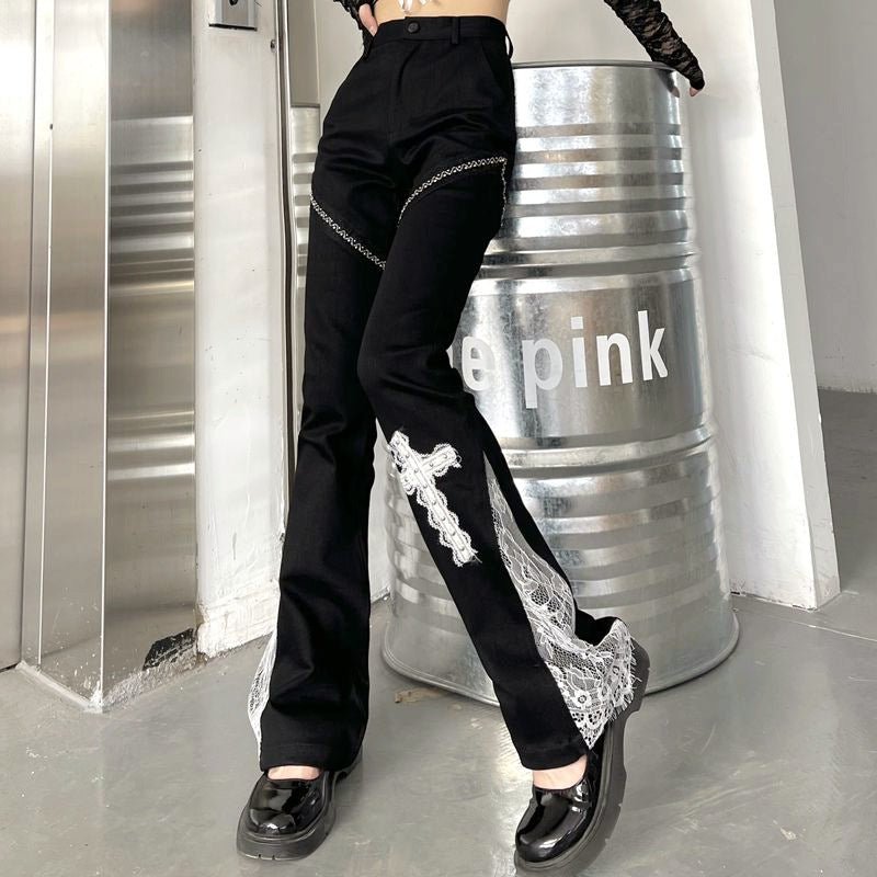 Dark Cross Lace Rivet Decoration Stitching Flared Pants Super Thin And High Waist - RALO COLLECTION STUDIO