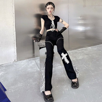 Dark Cross Lace Rivet Decoration Stitching Flared Pants Super Thin And High Waist - RALO COLLECTION STUDIO