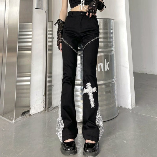 Dark Cross Lace Rivet Decoration Stitching Flared Pants Super Thin And High Waist - RALO COLLECTION STUDIO