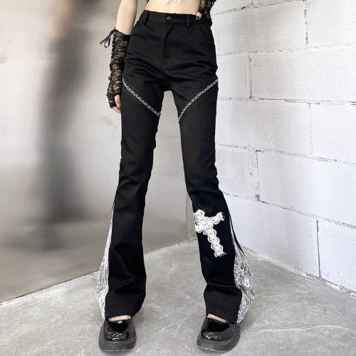 Dark Cross Lace Rivet Decoration Stitching Flared Pants Super Thin And High Waist - RALO COLLECTION STUDIO