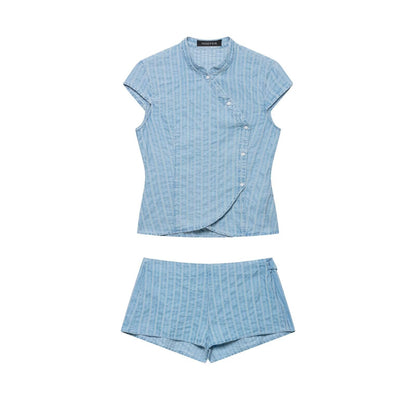 Double-breasted Top Mini Striped Shorts Set - RALO COLLECTION STUDIO