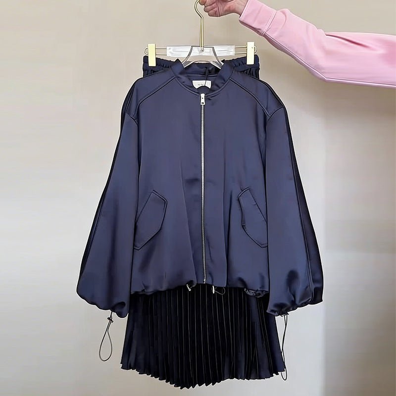 Drawstring Long-Sleeve Loose-Fit Casual Pleated Skirt Set - RALO COLLECTION STUDIO