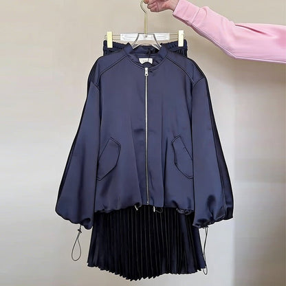 Drawstring Long-Sleeve Loose-Fit Casual Pleated Skirt Set - RALO COLLECTION STUDIO
