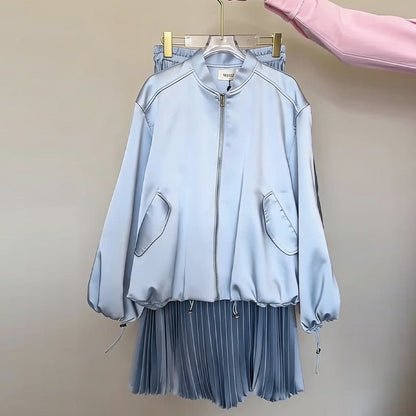 Drawstring Long-Sleeve Loose-Fit Casual Pleated Skirt Set - RALO COLLECTION STUDIO