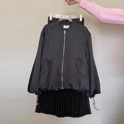 Drawstring Long-Sleeve Loose-Fit Casual Pleated Skirt Set - RALO COLLECTION STUDIO