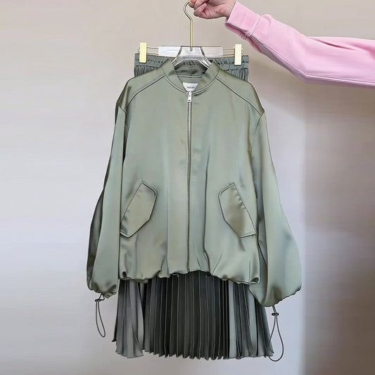 Drawstring Long-Sleeve Loose-Fit Casual Pleated Skirt Set - RALO COLLECTION STUDIO