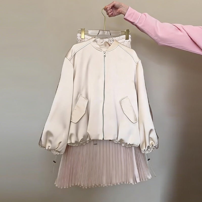 Drawstring Long-Sleeve Loose-Fit Casual Pleated Skirt Set - RALO COLLECTION STUDIO