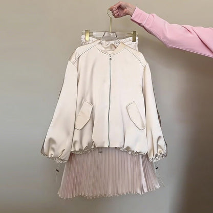 Drawstring Long-Sleeve Loose-Fit Casual Pleated Skirt Set - RALO COLLECTION STUDIO