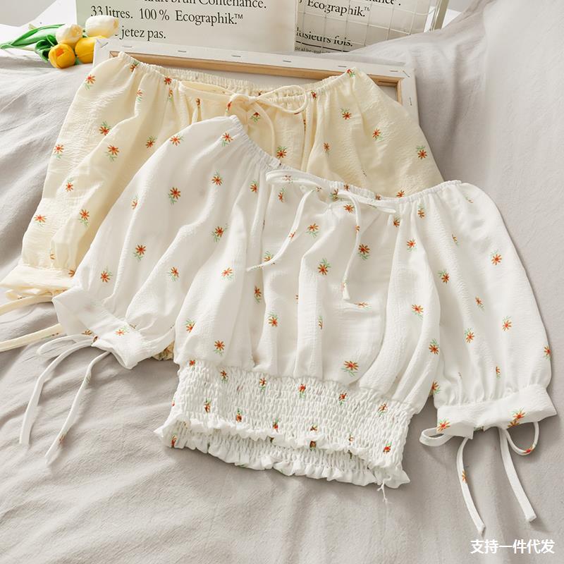 French Niche Bow Tie With A Word Collar Short Top Waist Waist Slimming Daisy Small Shirt - RALO COLLECTION STUDIO