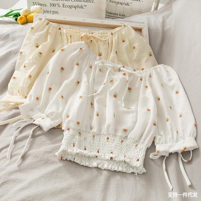 French Niche Bow Tie With A Word Collar Short Top Waist Waist Slimming Daisy Small Shirt - RALO COLLECTION STUDIO