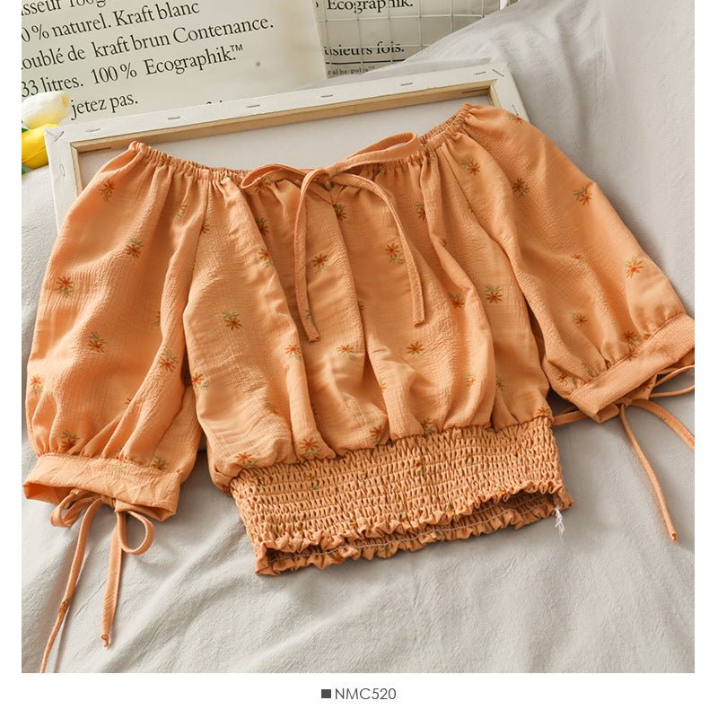 French Niche Bow Tie With A Word Collar Short Top Waist Waist Slimming Daisy Small Shirt - RALO COLLECTION STUDIO