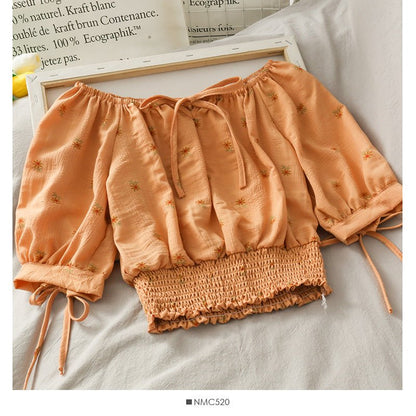 French Niche Bow Tie With A Word Collar Short Top Waist Waist Slimming Daisy Small Shirt - RALO COLLECTION STUDIO