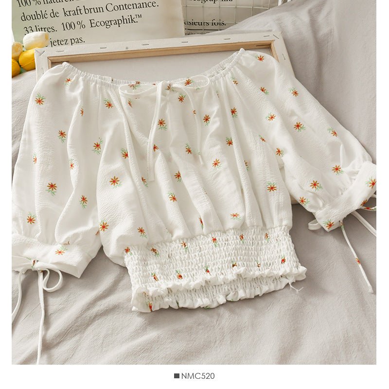 French Niche Bow Tie With A Word Collar Short Top Waist Waist Slimming Daisy Small Shirt - RALO COLLECTION STUDIO