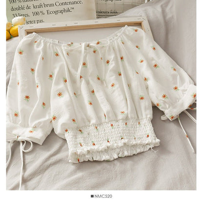 French Niche Bow Tie With A Word Collar Short Top Waist Waist Slimming Daisy Small Shirt - RALO COLLECTION STUDIO