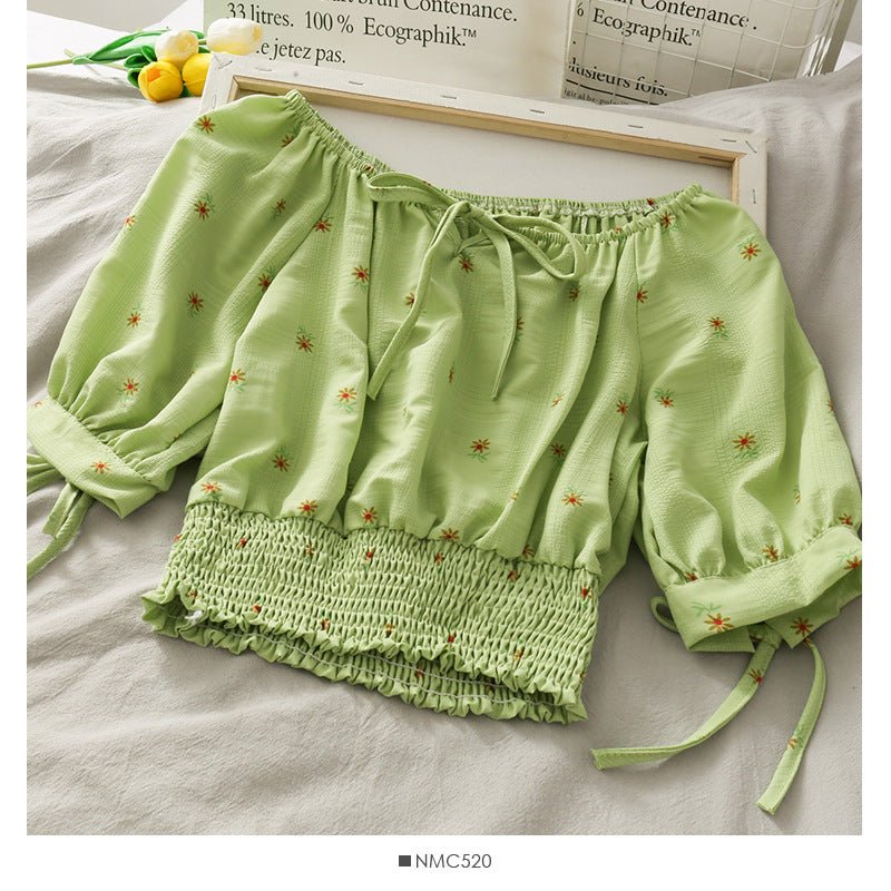 French Niche Bow Tie With A Word Collar Short Top Waist Waist Slimming Daisy Small Shirt - RALO COLLECTION STUDIO