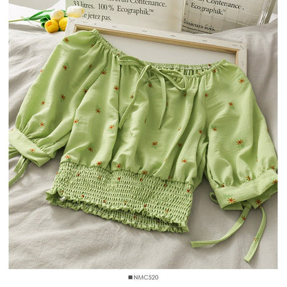 French Niche Bow Tie With A Word Collar Short Top Waist Waist Slimming Daisy Small Shirt - RALO COLLECTION STUDIO