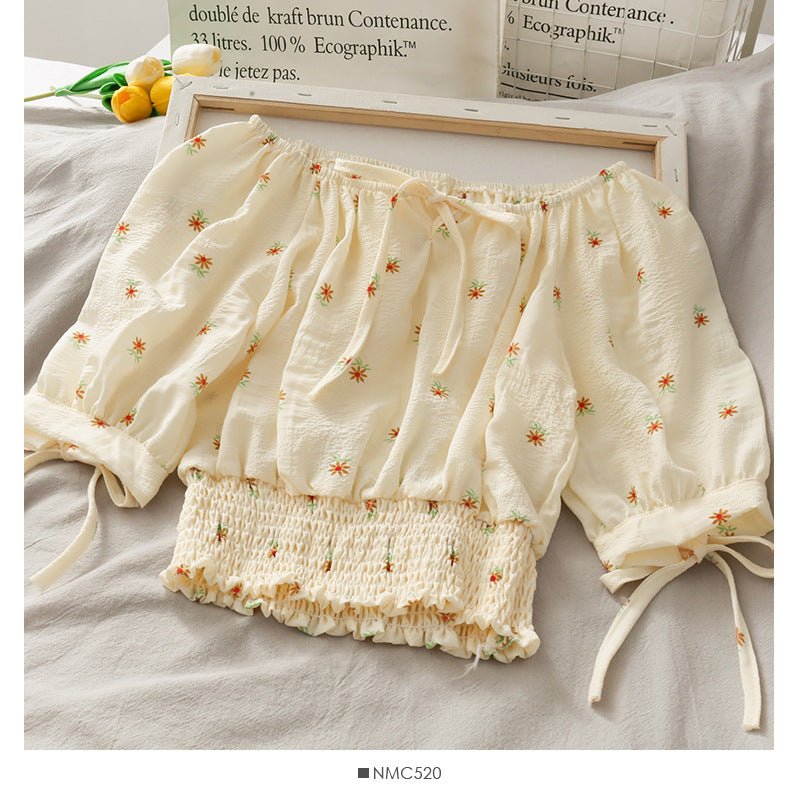 French Niche Bow Tie With A Word Collar Short Top Waist Waist Slimming Daisy Small Shirt - RALO COLLECTION STUDIO