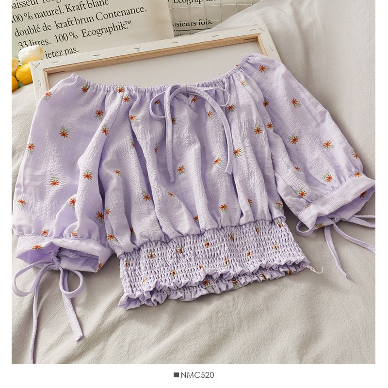 French Niche Bow Tie With A Word Collar Short Top Waist Waist Slimming Daisy Small Shirt - RALO COLLECTION STUDIO