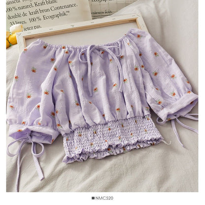 French Niche Bow Tie With A Word Collar Short Top Waist Waist Slimming Daisy Small Shirt - RALO COLLECTION STUDIO