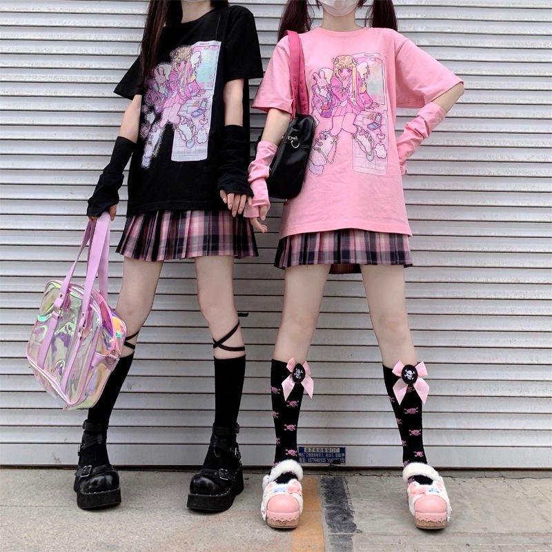 Gothic Pink Harajuku Anime Girl Loose Aesthetic T-Shirt - RALO COLLECTION STUDIO