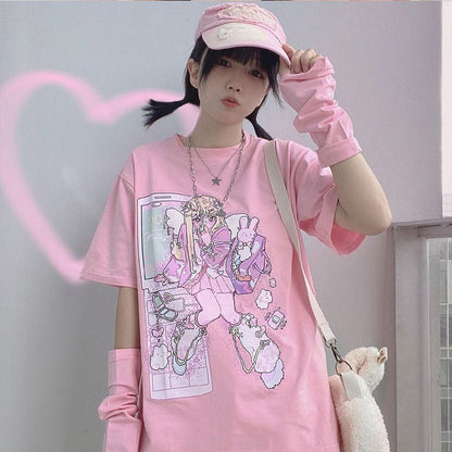 Gothic Pink Harajuku Anime Girl Loose Aesthetic T-Shirt - RALO COLLECTION STUDIO