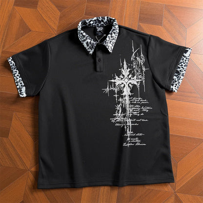 Graffiti Leopard-print Lapel Short-sleeve T-shirt For Men - RALO COLLECTION STUDIO