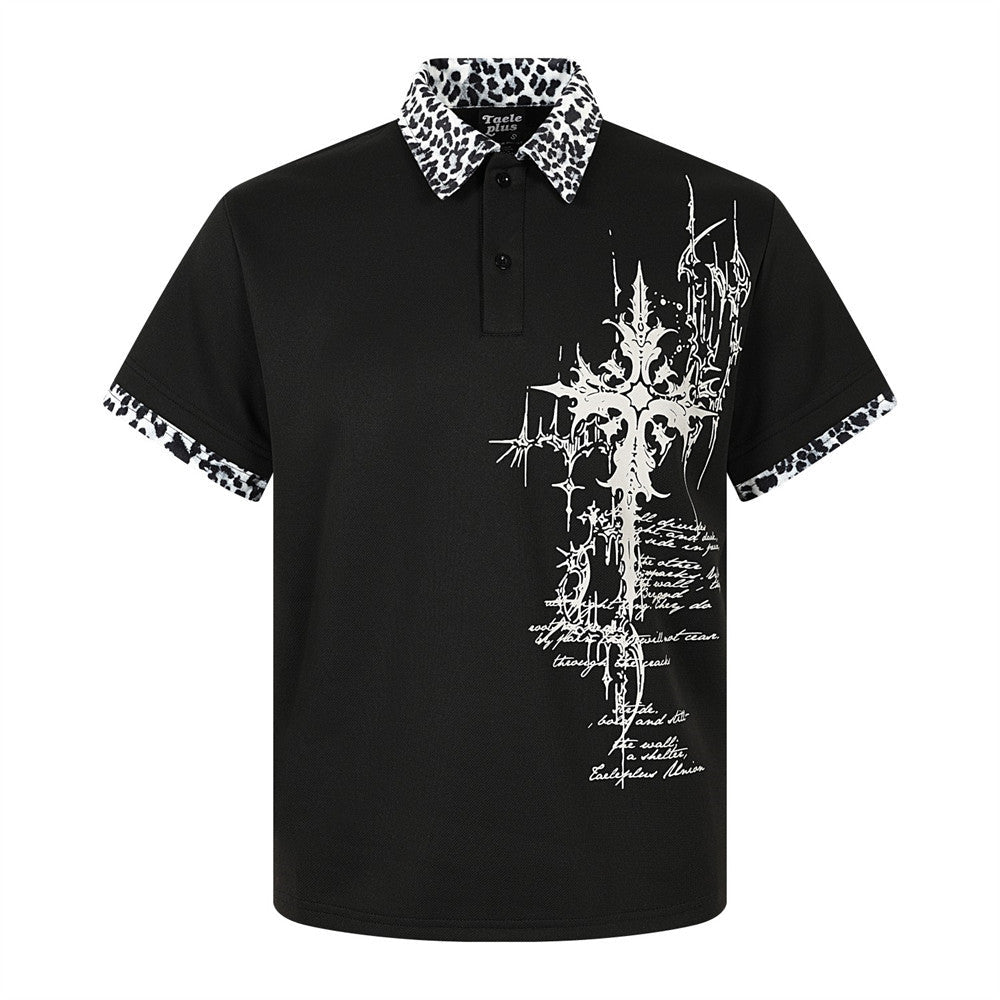 Graffiti Leopard-print Lapel Short-sleeve T-shirt For Men - RALO COLLECTION STUDIO
