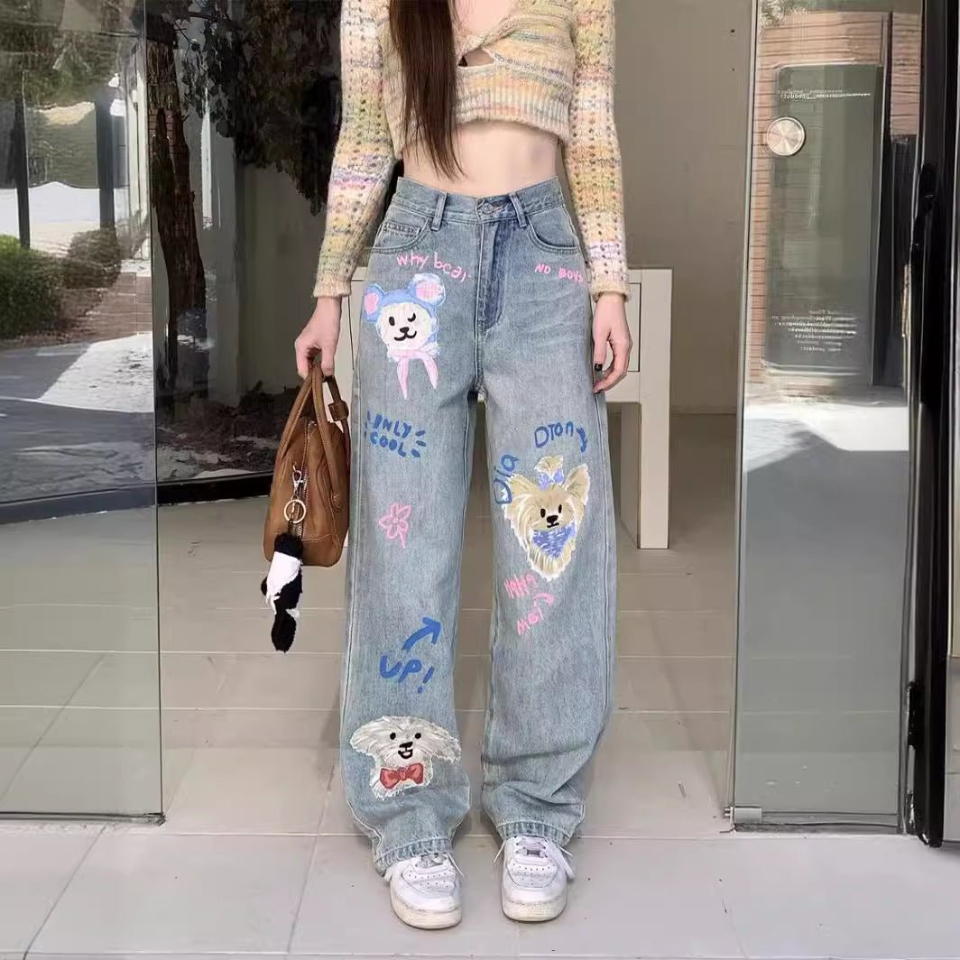 Graffiti Printing Women's High Waist Loose Straight Wide Leg Jeans - RALO COLLECTION STUDIO