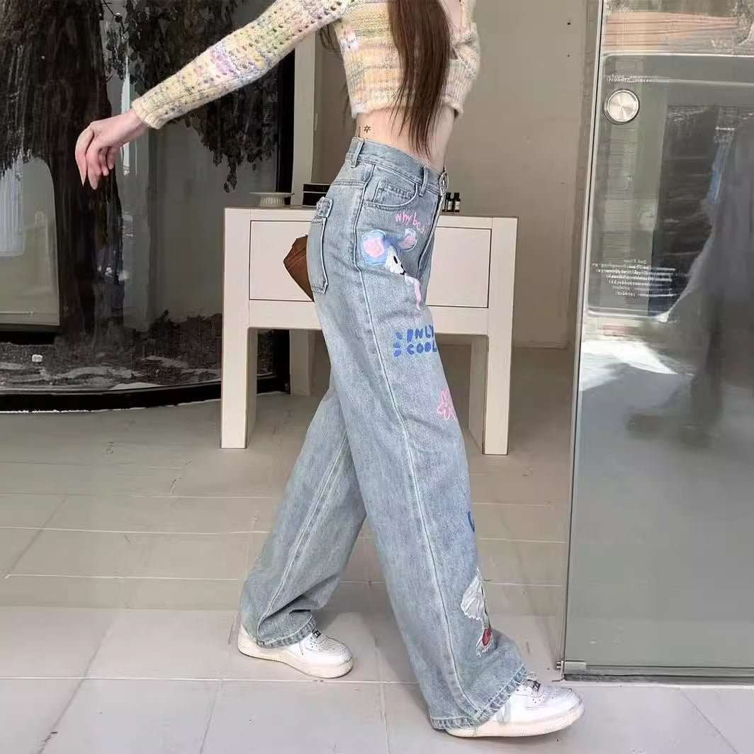 Graffiti Printing Women's High Waist Loose Straight Wide Leg Jeans - RALO COLLECTION STUDIO