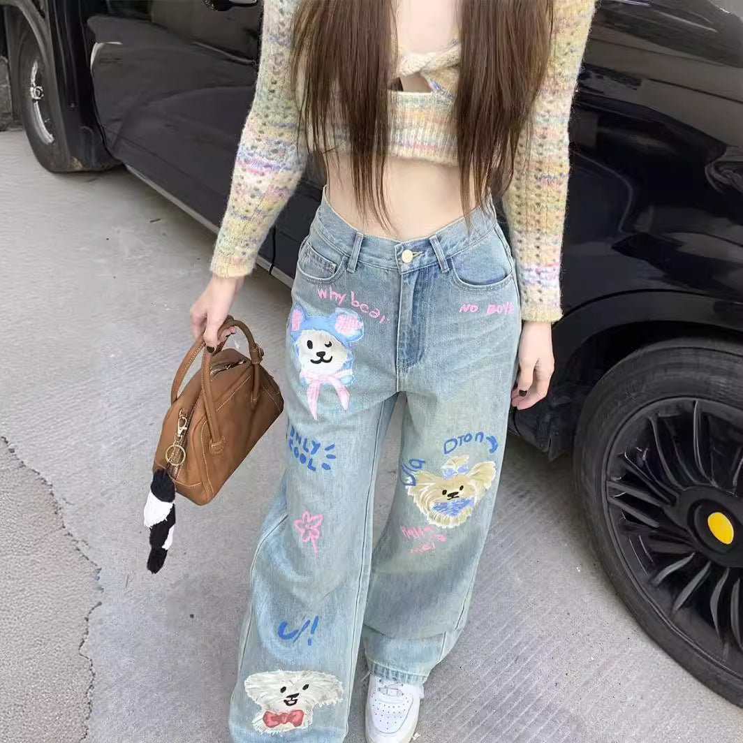 Graffiti Printing Women's High Waist Loose Straight Wide Leg Jeans - RALO COLLECTION STUDIO