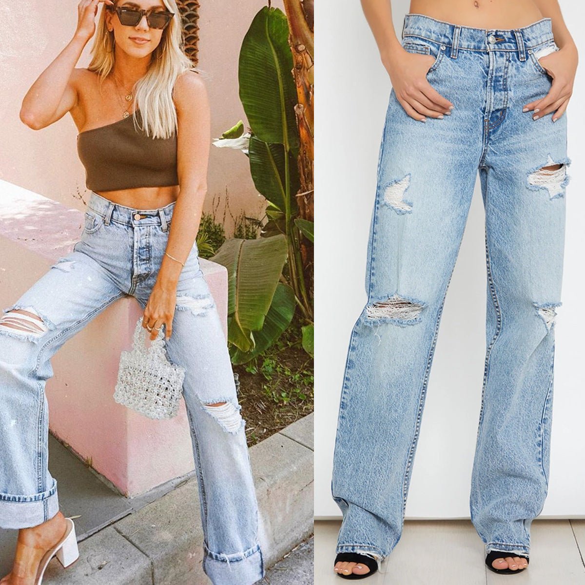 High waist ripped denim trousers - RALO COLLECTION STUDIO