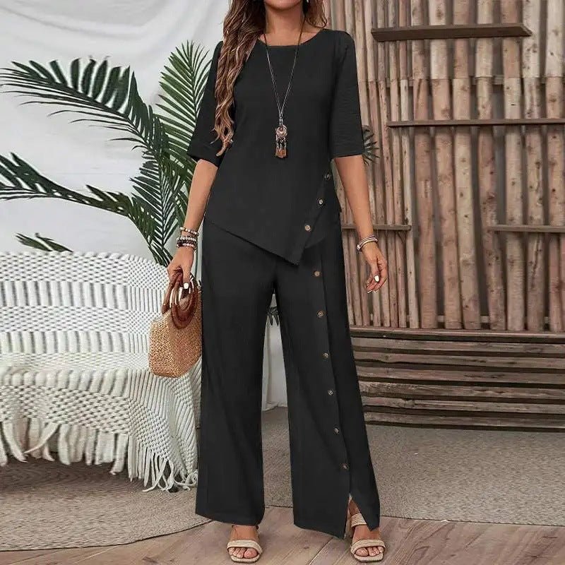 Irregular Hem Elegant Buttoned Half-sleeve Shirt And Trousers Set - RALO COLLECTION STUDIO