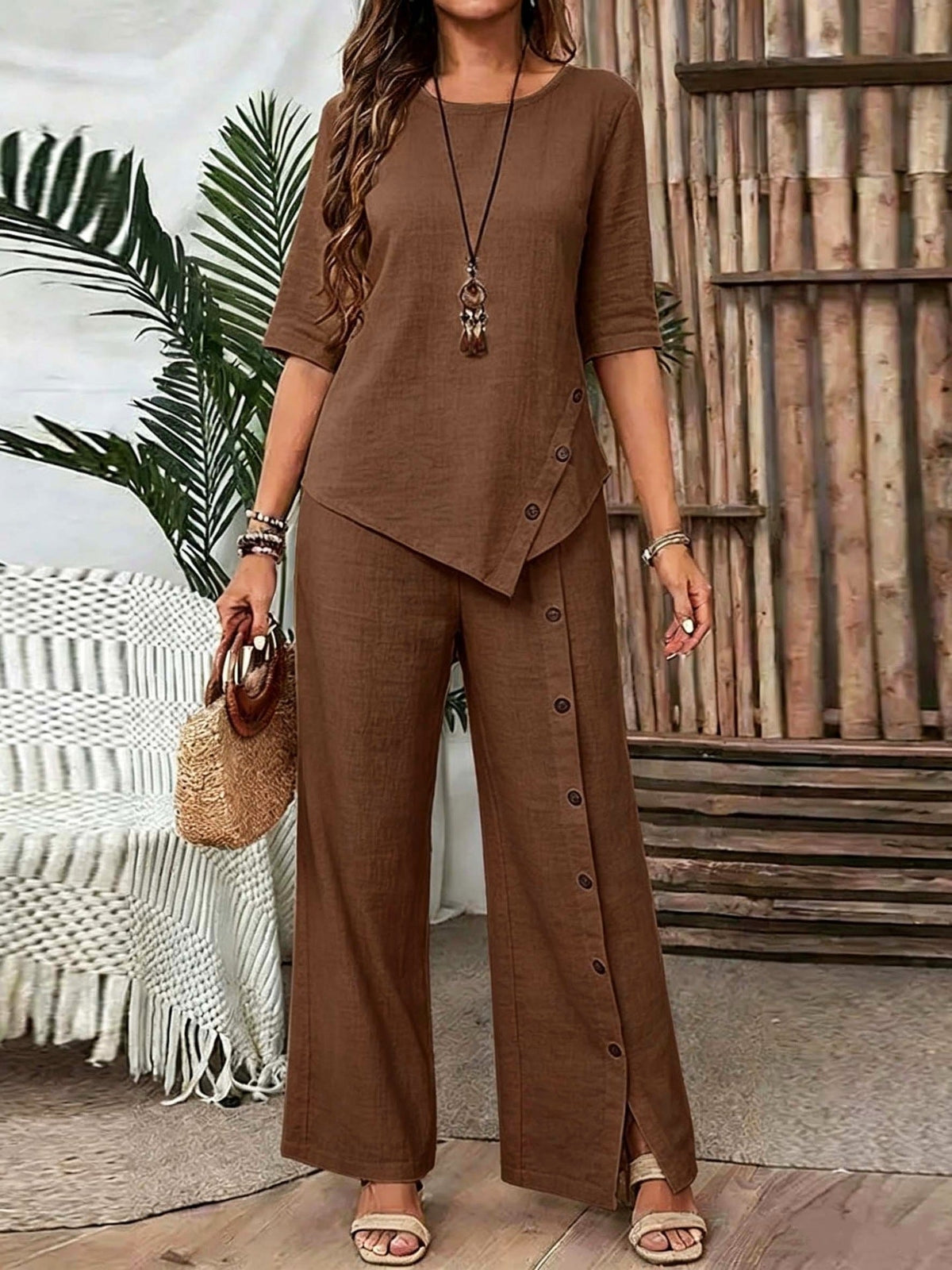 Irregular Hem Elegant Buttoned Half-sleeve Shirt And Trousers Set - RALO COLLECTION STUDIO